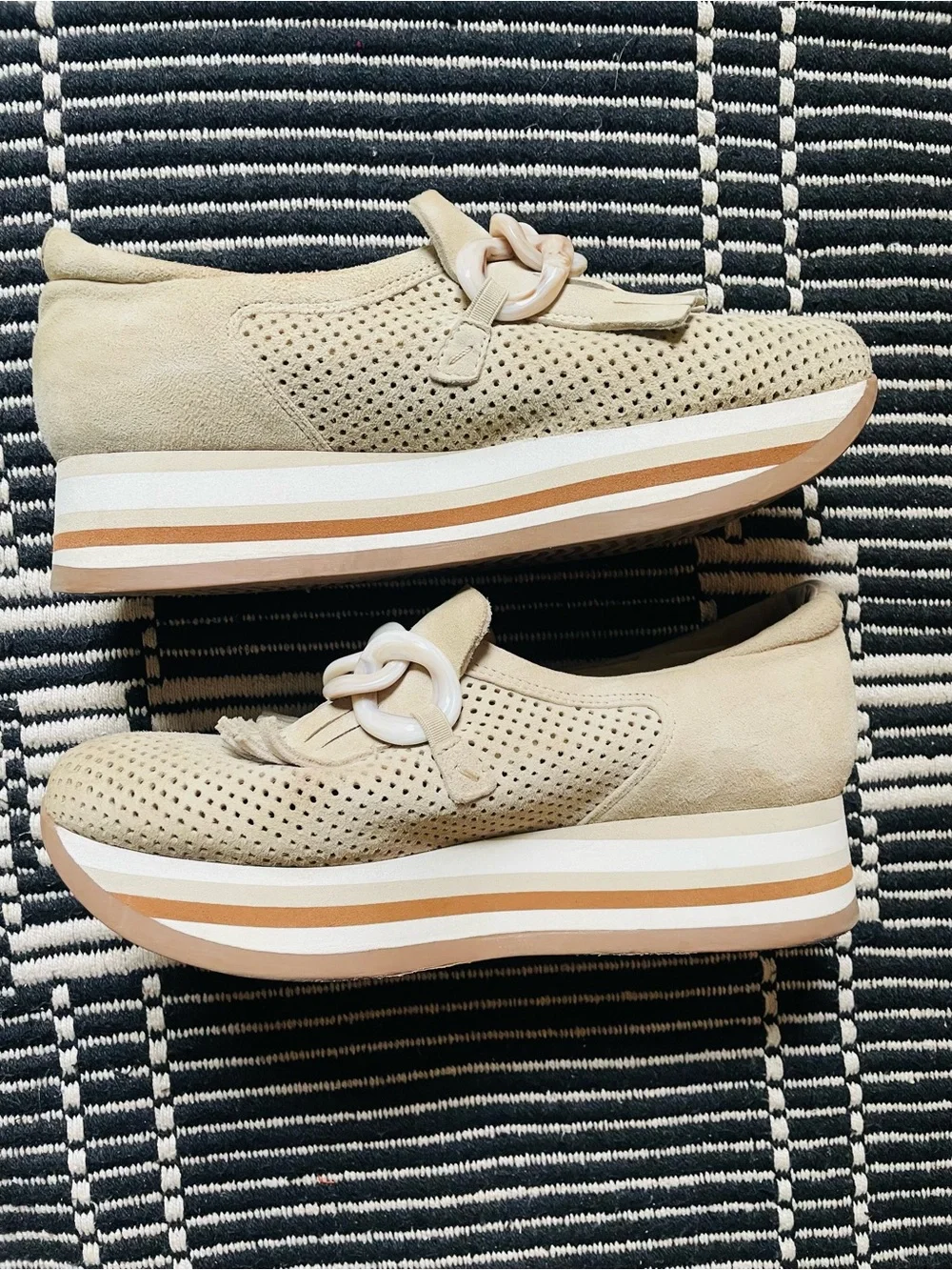 Neutral Beige Perforated Platform Loafer with Fringe and Chain Accent